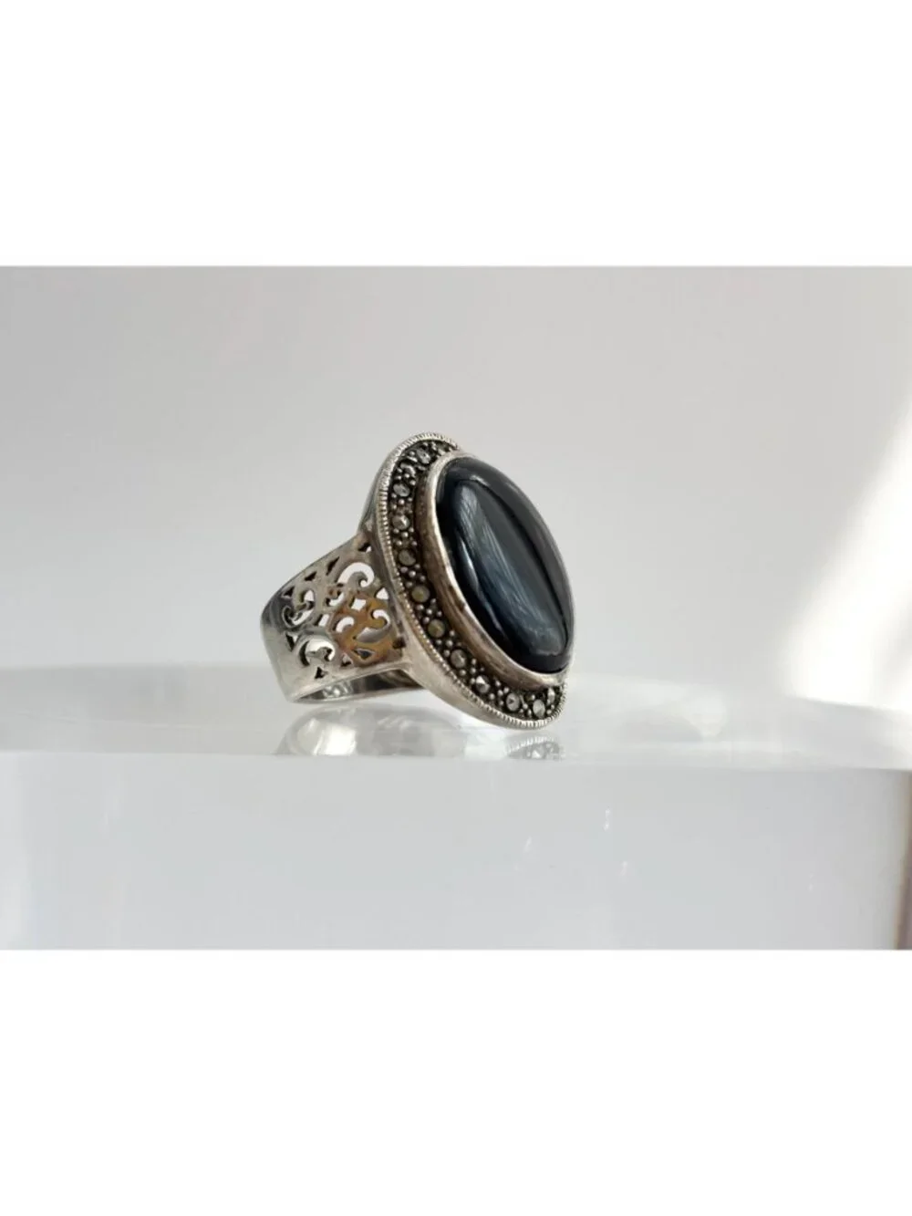 Black Onyx & Marcasite Art Deco Cutout Sterling Silver 925 Vintage Ring - sz 8